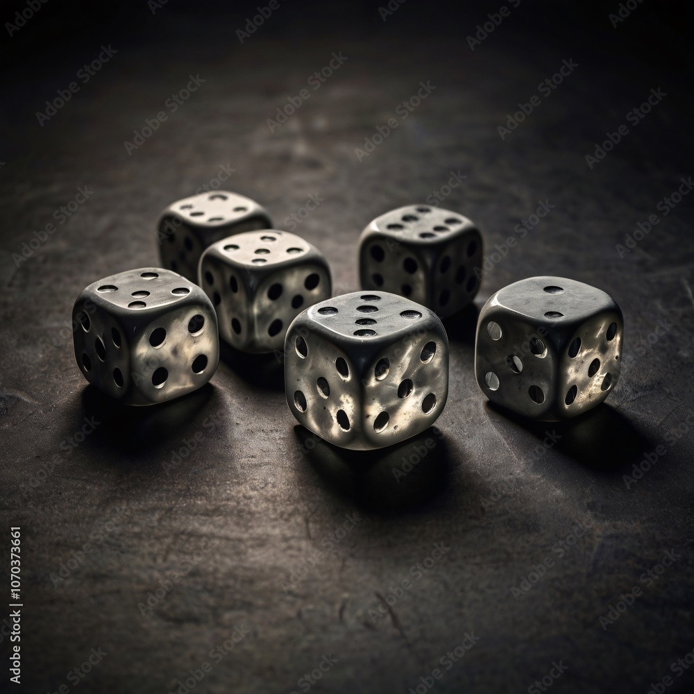 seven dice, on a plain dark gray background, like a collage, in Art Deco style. dramatic lights seven dice, on a plain dark gray background, like a collage, in Art Deco style. dramatic lights