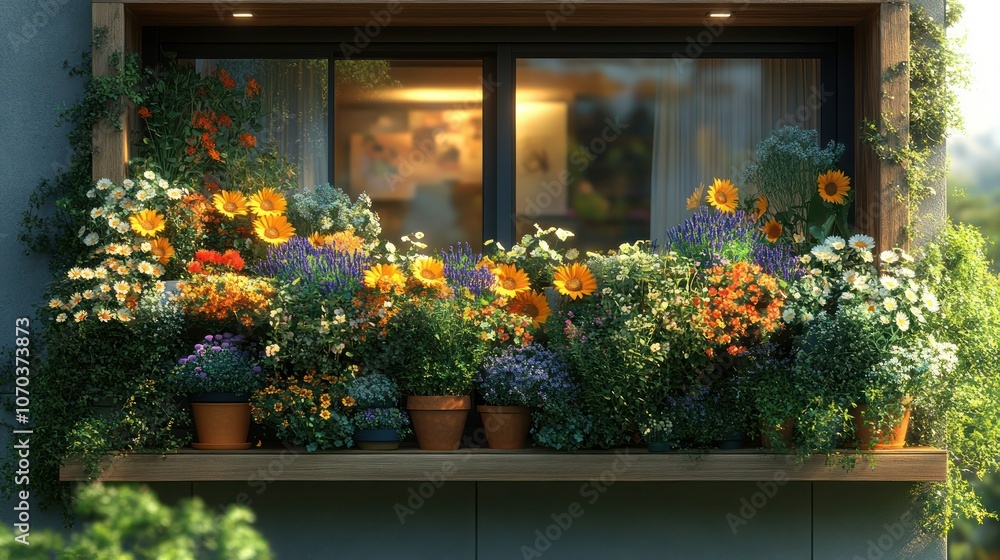 A modern apartment balcony filled with pots of sunflowers, daisies, and lavender, all shown in 4K detail. A modern apartment balcony filled with pots of sunflowers, daisies, and lavender, all shown in 4K detail.