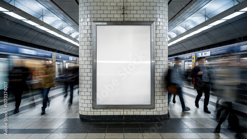 A group of people are walking through a subway station with a large white sign in the middle. The sign is blank, but the people are busy and bustling, creating a sense of movement and energy