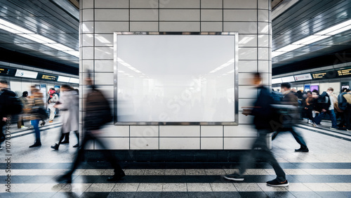 A group of people are walking through a subway station with a large white sign in the middle. The sign is blank, but the people are busy and bustling, creating a sense of movement and energy