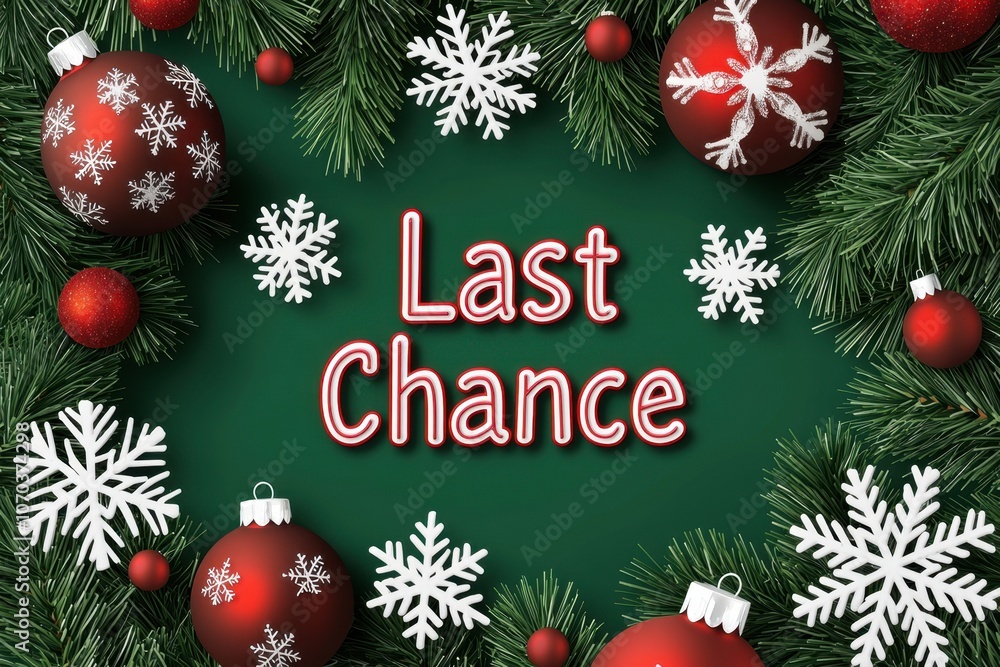 Last Chance Christmas Sale Banner Concept. A festive scene featuring red ornaments, snowflakes, and greenery with the phrase Last Chance Christmas Sale Banner Concept. A festive scene featuring red ornaments, snowflakes, and greenery with the phrase