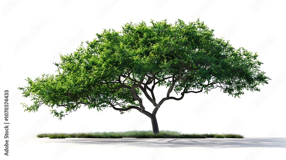 lush green tree with a wide canopy stands on a patch of grass, against a white background. lush green tree with a wide canopy stands on a patch of grass, against a white background.