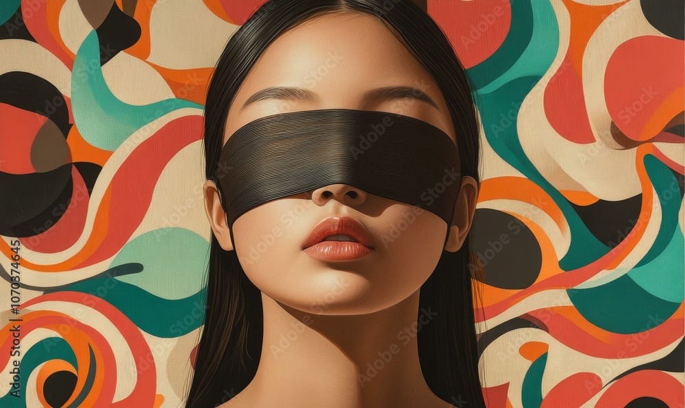 Woman with black blindfold against abstract background. Woman with black blindfold against abstract background.