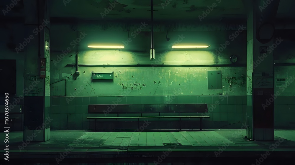 Obraz premium A dimly lit, abandoned waiting area with a bench and peeling walls, evoking solitude.