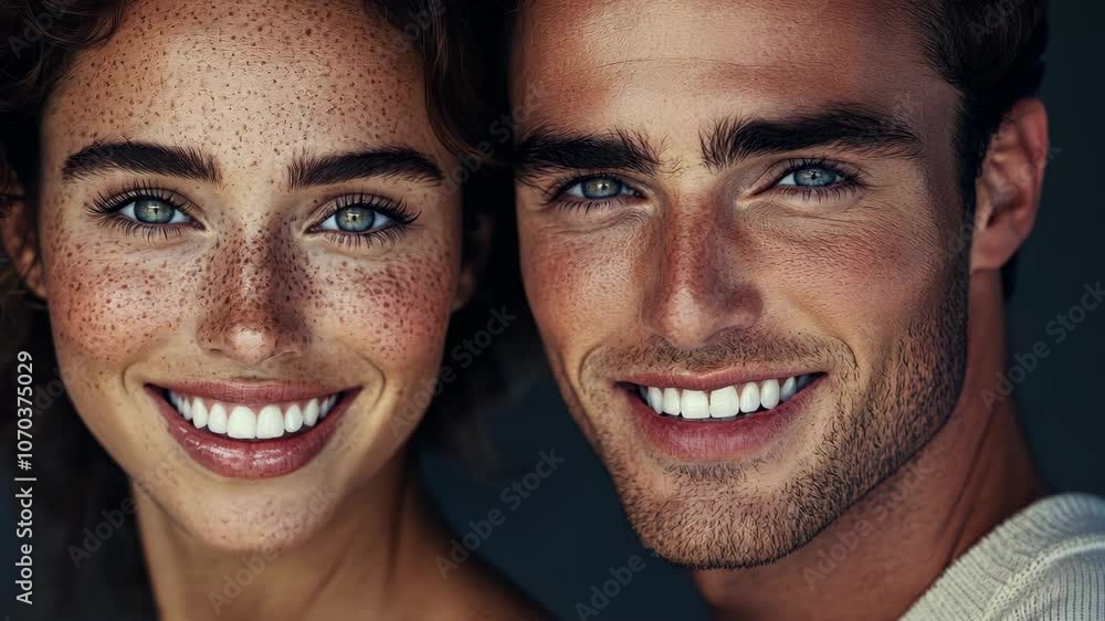 A woman with freckles smiles brightly at the camera next to a man with blue eyes A woman with freckles smiles brightly at the camera next to a man with blue eyes
