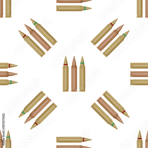 Rifle bullets seamless pattern repeating on white background, military texture with cartridges for fabric, wrapping, textile, wallpaper and paper