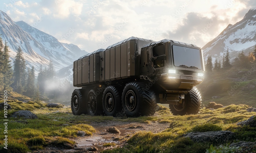 Military truck drives through a mountainous landscape. Military truck drives through a mountainous landscape.