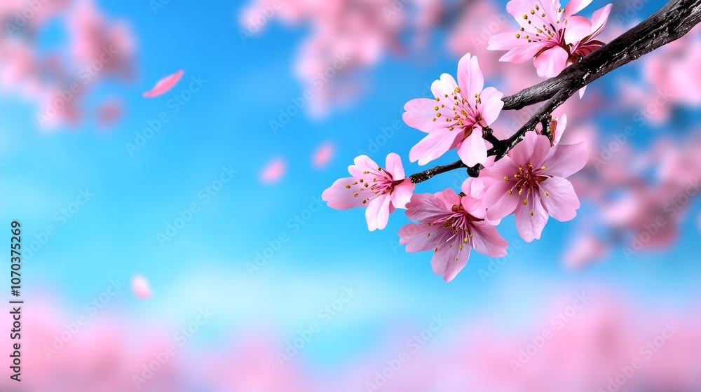 Pink Cherry Blossoms Branch with Blue Sky Springtime Nature Background Pink Cherry Blossoms Branch with Blue Sky Springtime Nature Background