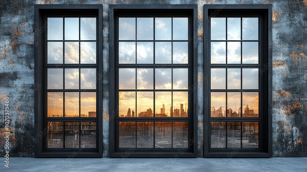 A modern industrial window with sleek black frames and frosted glass, isolated against a white background. A modern industrial window with sleek black frames and frosted glass, isolated against a white background.