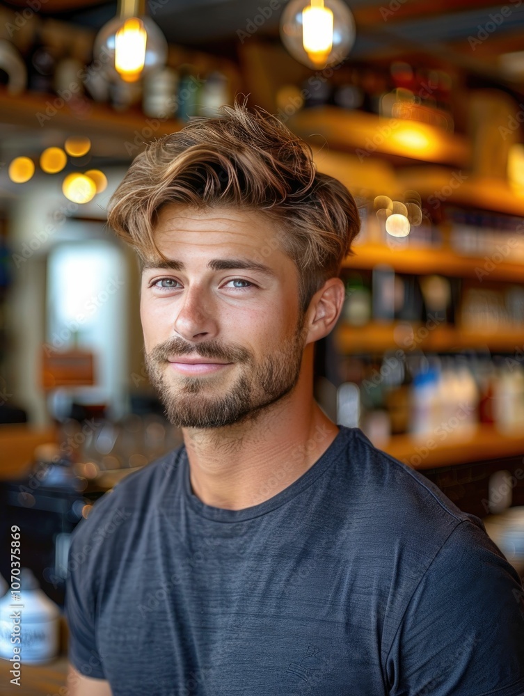 Smiling Man in Casual Shirt at Modern Cafe Setting Smiling Man in Casual Shirt at Modern Cafe Setting
