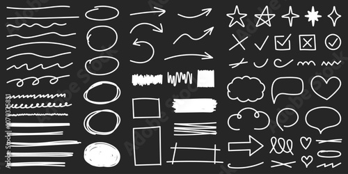 Scribble lines, circles, arrows, stars and hearts, speech bubbles and other shapes, vector eps10 illustration