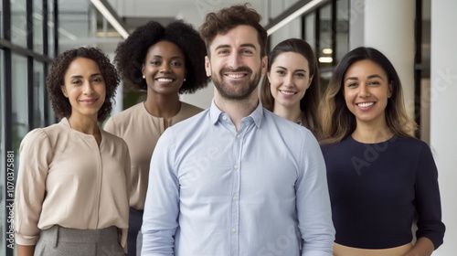 A photo of happy business team standing in modern office