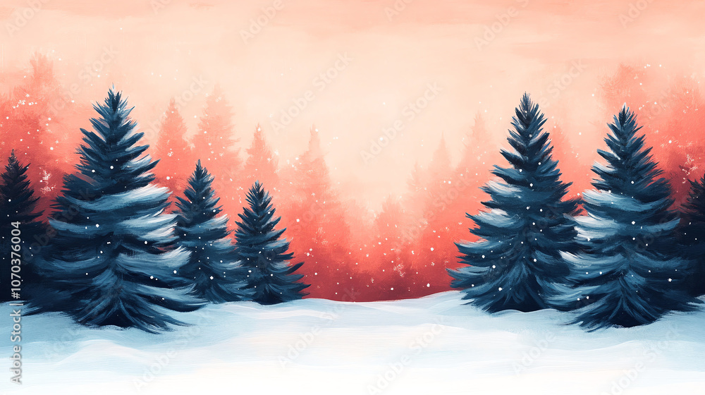 serene snowy forest scene featuring decorated evergreen trees, creating magical winter atmosphere with soft pink and orange hues in background serene snowy forest scene featuring decorated evergreen trees, creating magical winter atmosphere with soft pink and orange hues in background