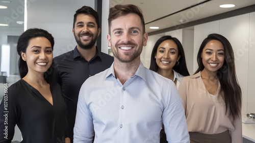 A photo of happy business team standing in modern office