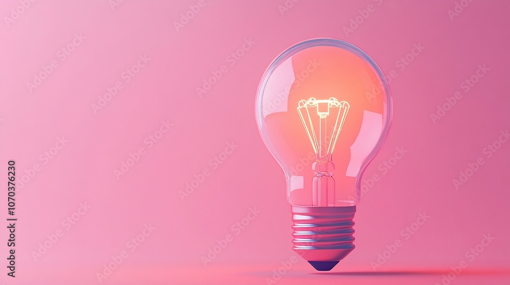 A lit incandescent light bulb with a glowing filament against a pink background. A lit incandescent light bulb with a glowing filament against a pink background.