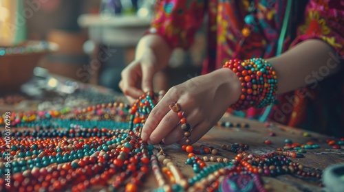 Handcrafting Colorful Beaded Jewelry - Artisan Women Stringing Beads for Fashion Accessories. Generative ai photo