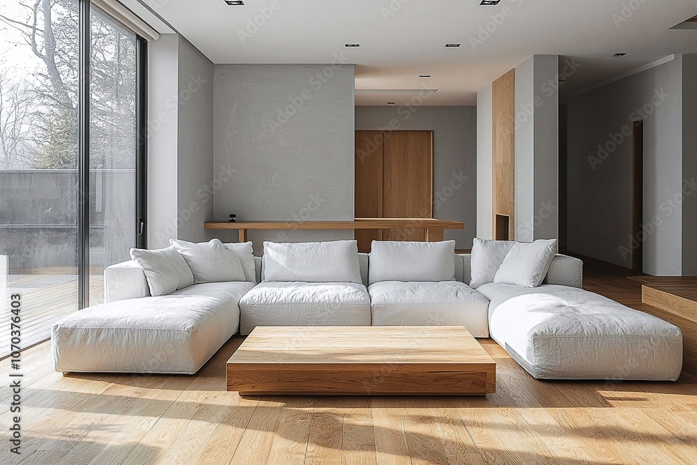 Fototapeta premium Minimalist, a living room photo of a combination of Scandinavian interiors and mid century modern interiors with sofas and tables. Generative AI 