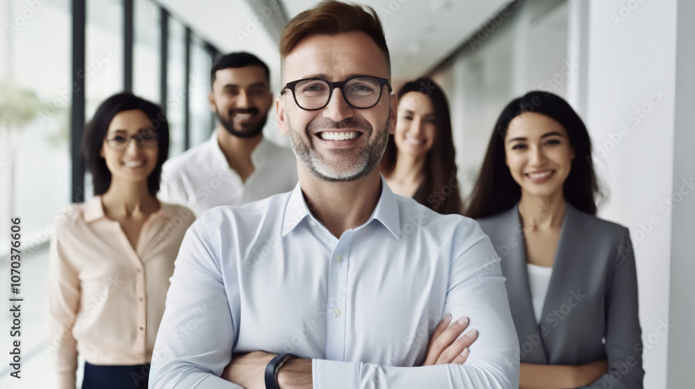 A photo of happy business team standing in modern office A photo of happy business team standing in modern office