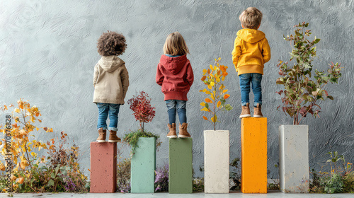 Children standing on different  levels of a bar graph symbolize global inequality in opportunities