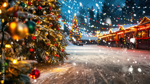 Background image of empty skating rink in winter park with snow falling and Christmas lights