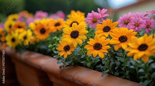 Wallpaper Mural A rooftop terrace filled with flower pots of wildflowers and sunflowers, captured in vibrant 4K. Torontodigital.ca