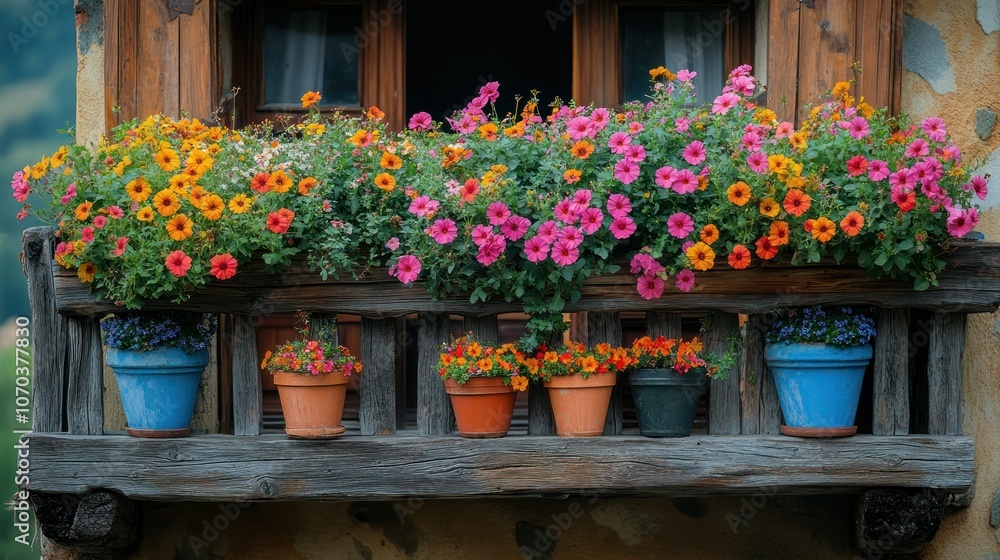 Fototapeta premium A rustic balcony with wooden railings and colorful wildflowers in pots, captured in ultra-high definition.