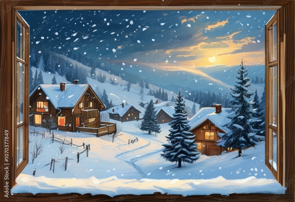 Fototapeta premium in gemütlicher Blick durch ein Fenster auf eine verschneite Winterlandschaft mit einem beleuchteten Haus und einem Tannenbaum – perfekt für festliche Grußkarten. Generative KI.