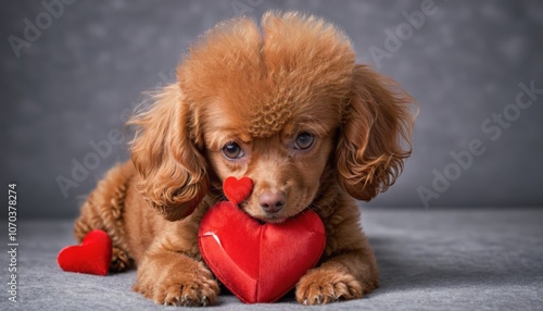 A small beautiful red poodle lies with a red heart on a gray-red background close-up. Background for Valentine s day. Front view photo