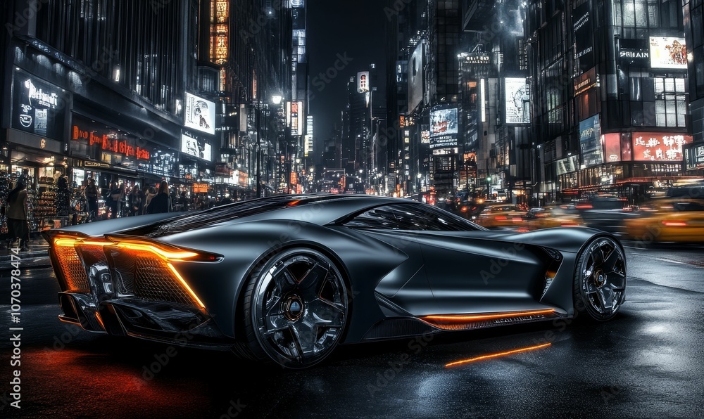 Black sports car in city night scene. Black sports car in city night scene.
