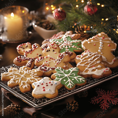 Delight in festive display of Christmas cookies in various shapes, beautifully decorated with icing and sprinkles, perfect for holiday celebrations