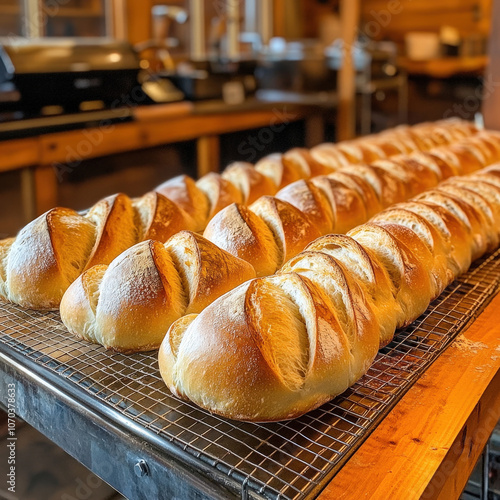 Freshly baked artisan loaves of bread cooling on rack, showcasing their golden crust and inviting texture. warm atmosphere enhances delightful aroma of bread
