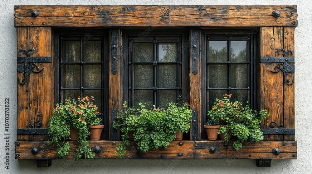 A rustic wooden window with iron accents and small flowerpots, set on a white background. A rustic wooden window with iron accents and small flowerpots, set on a white background.