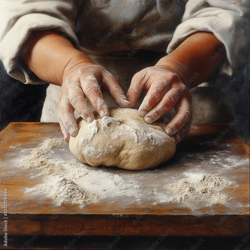Kneading dough with flour covered hands, this captures artistry of baking. texture of dough and flour create warm, inviting atmosphere Kneading dough with flour covered hands, this captures artistry of baking. texture of dough and flour create warm, inviting atmosphere