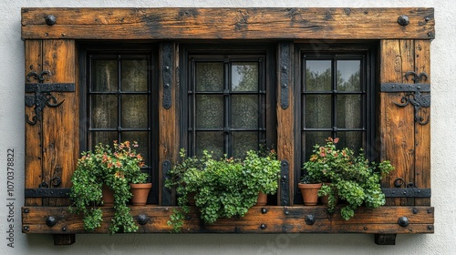 A rustic wooden window with iron accents and small flowerpots, set on a white background.