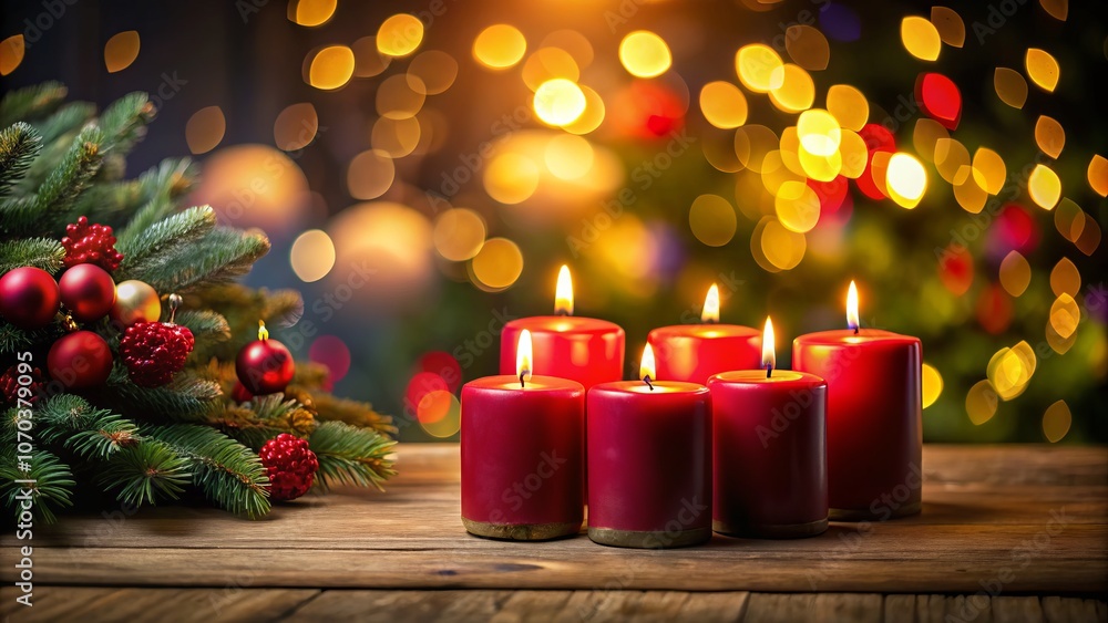 Four Red Candles Burning on Advent Wreath with Blurred Colorful Christmas Tree Lights in the Background for a Festive 4th Sunday Celebration of Christmas Eve Decor