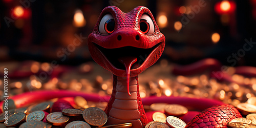 Adorable snake mascot with gold coins for chinese new year 2025. Happy red snake surrounded by treasure for lunar new year.