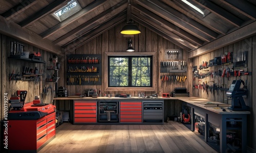 Well-organized workshop with wood and red accents.