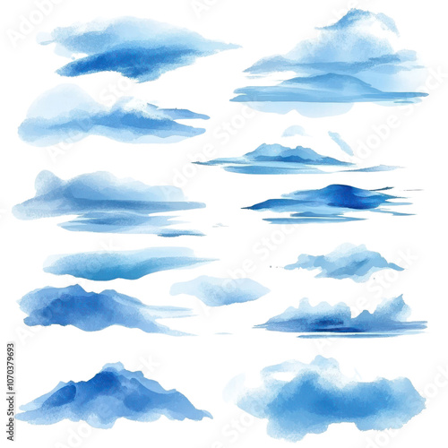 A collection of watercolor clouds in various shapes and sizes, showcasing soft blue hues that evoke a serene sky., isolated on a transparent background.