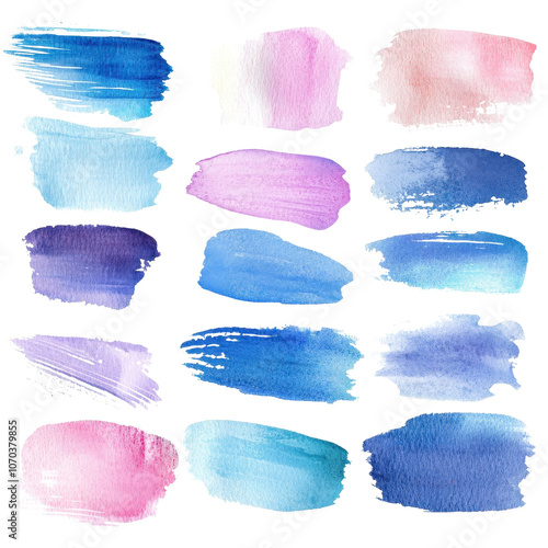 A collection of vibrant watercolor swatches showcasing various shades of blue, pink, and purple in artistic brushstroke forms., isolated on a transparent background.
