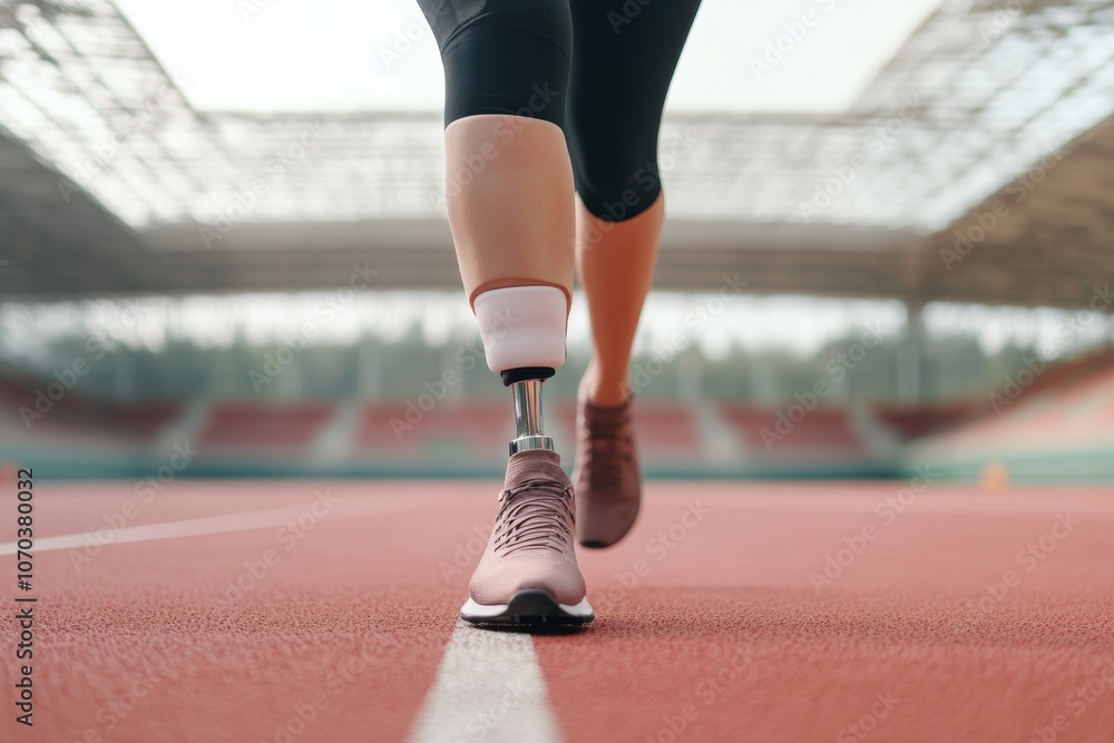 Athlete with a prosthetic leg running on a track during a sunny day at a stadium, showcasing determination and resilience in sports Athlete with a prosthetic leg running on a track during a sunny day at a stadium, showcasing determination and resilience in sports