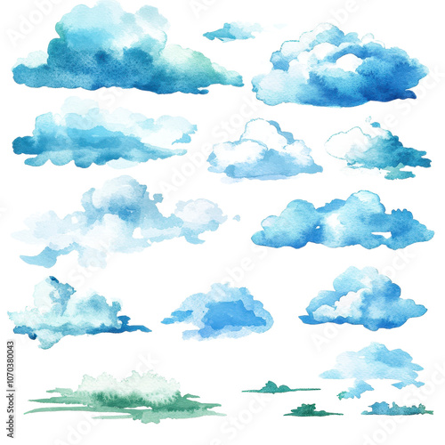 A collection of various watercolor-like cloud shapes in different sizes and shades of blue., isolated on a transparent background.