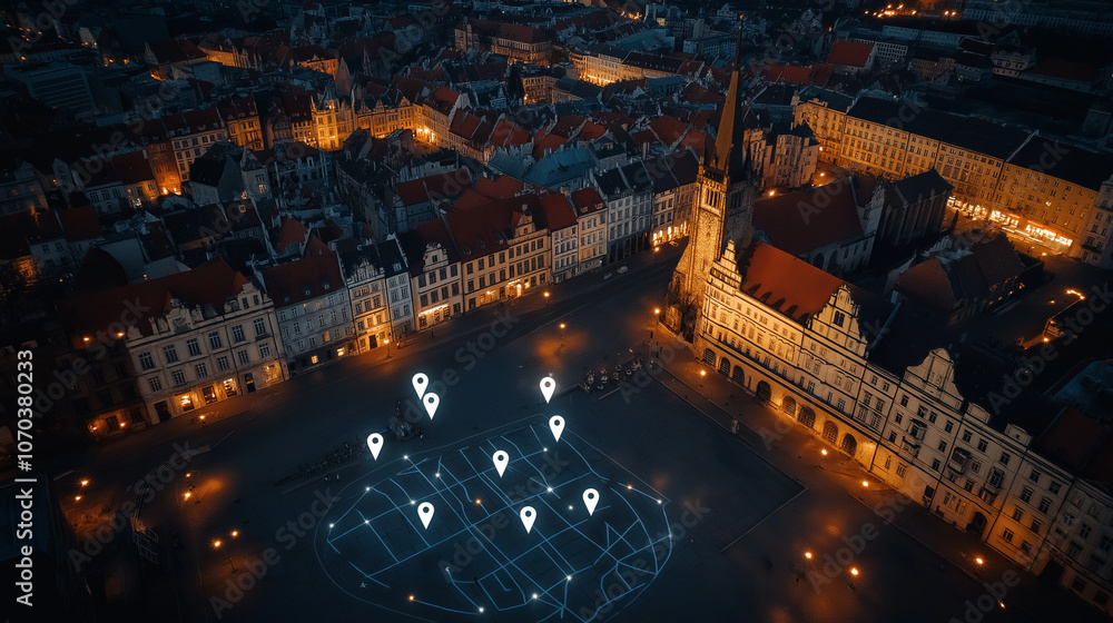 Fototapeta premium Aerial view of the Copenhagen skyline at night, with white pins on it representing buildings and shops that can be tiled to form a map for digital marketing, location pin icons floating