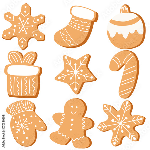 Christmas Gingerbread Cookies. Winter sweet homemade biscuits in different shapes isolated on white background.