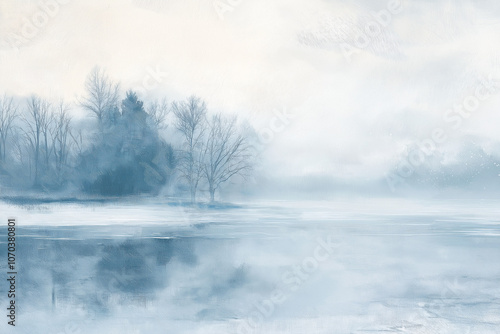 Abstract Blue Winter Landscape Painting, with brushstrokes on a light blue background