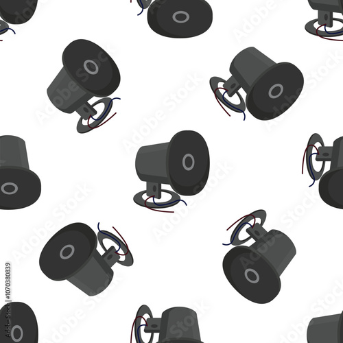 Seamless pattern of loudspeakers with wires hanging out, making announcements, on white background
