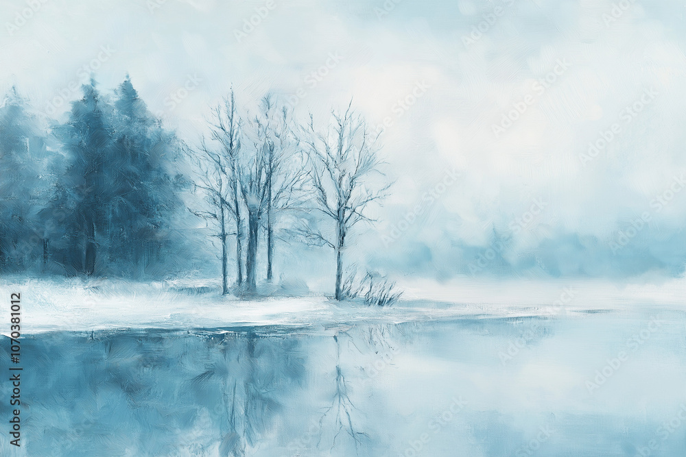 Abstract Blue Winter Landscape Painting, with brushstrokes on a light blue background Abstract Blue Winter Landscape Painting, with brushstrokes on a light blue background