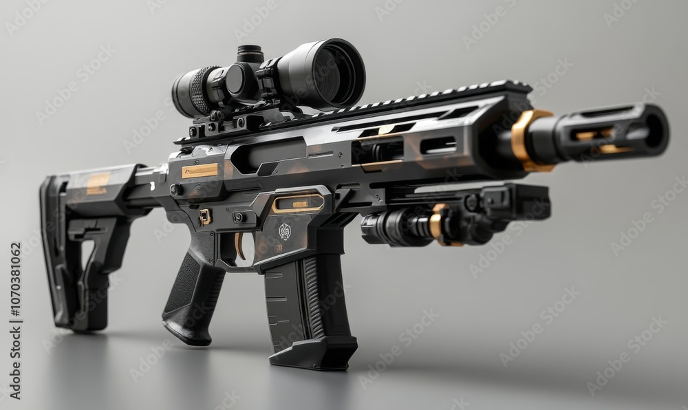 Detailed 3D render of a modern assault rifle with attachments like scopes and silencers, sleek and tactical Detailed 3D render of a modern assault rifle with attachments like scopes and silencers, sleek and tactical