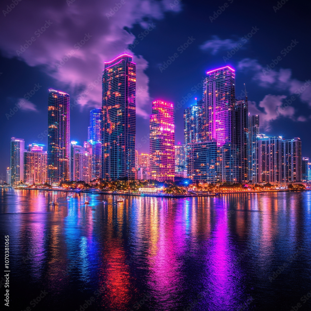 Naklejka premium vibrant skyline of famous city illuminated at night, showcasing stunning skyscrapers reflecting in water. colorful lights create lively and energetic atmosphere
