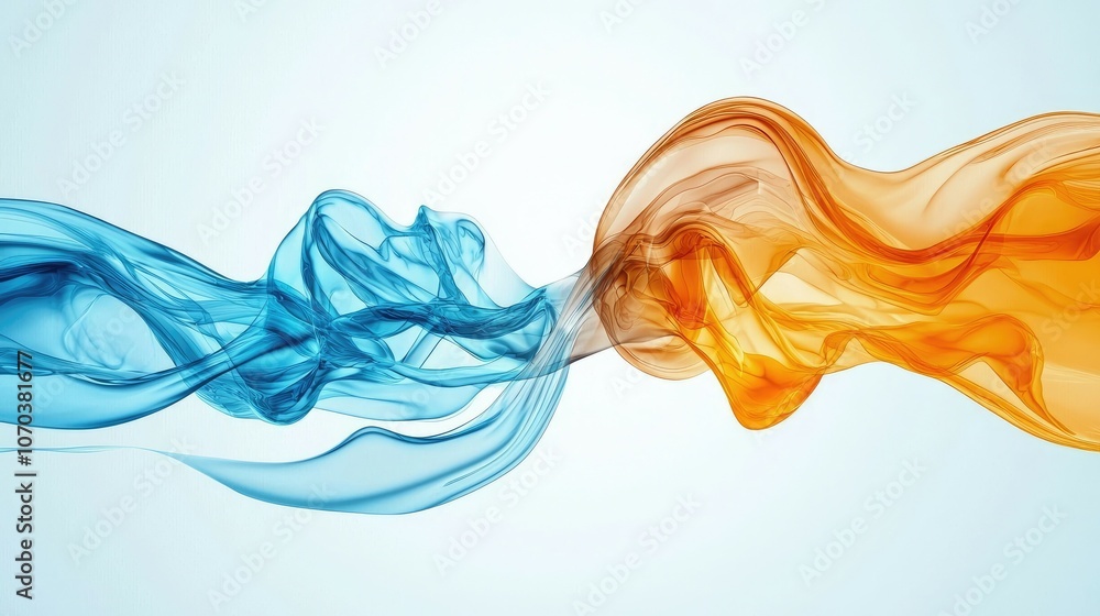 Abstract blue and orange smoke-like shapes against a light blue background. Abstract blue and orange smoke-like shapes against a light blue background.