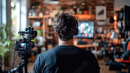 Male Content Creator Adjusting Camera and Microphone in Minimalist Streaming Studio with Natural Light, Back View Highlighting Professional Setup and Digital Workspace for Online Media Production